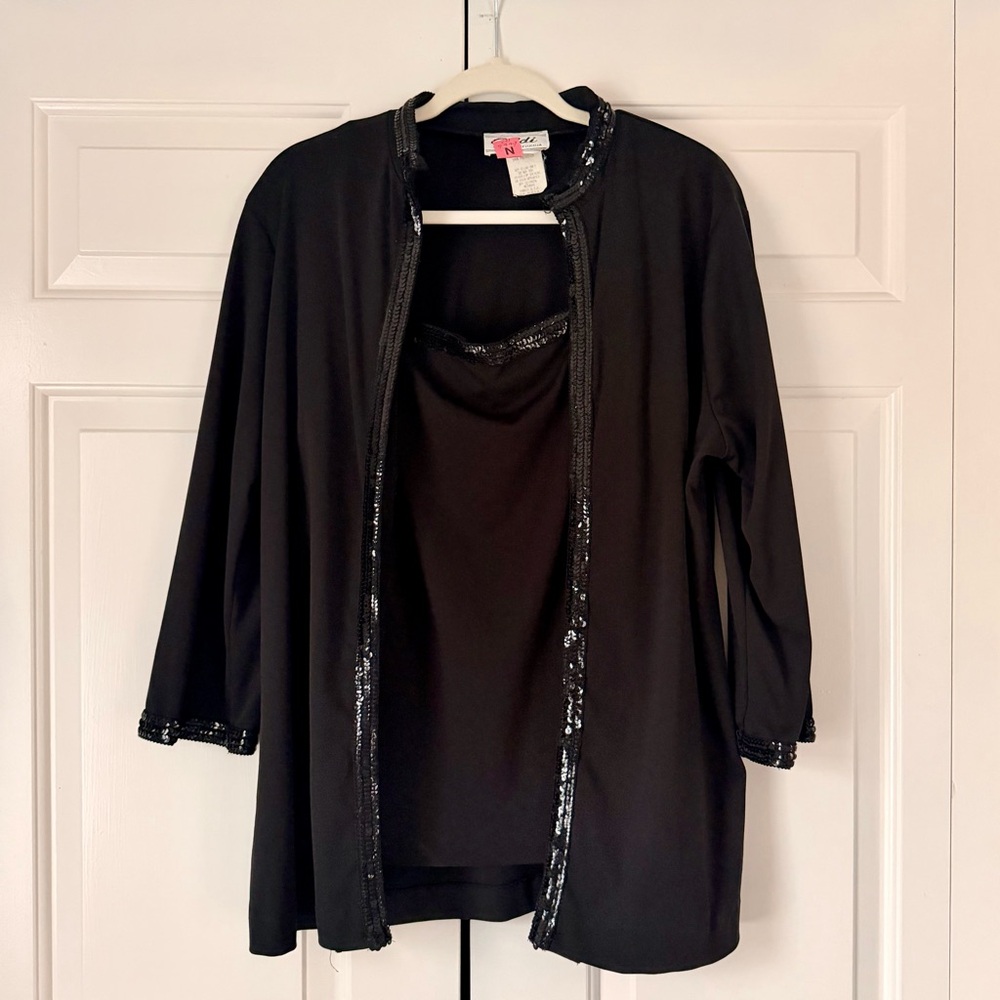 Teddi of California Vintage Black 2 Piece Set Sequin Trim Top Jacket Size 14